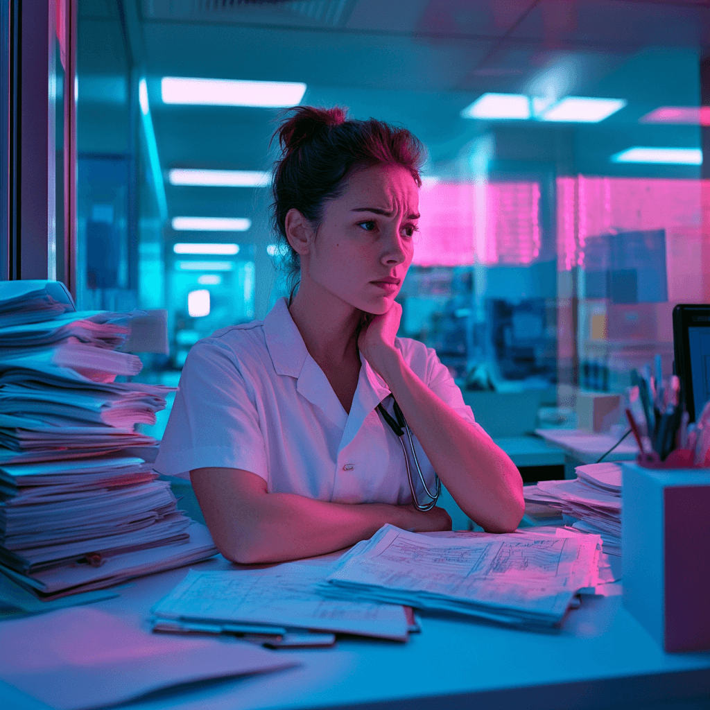 jibbles0914_a_nurse_in_a_hosital_sitting_at_a_desk_with_a_mes_13255f5c-498a-4f92-b848-b8fc5ab666fe_0