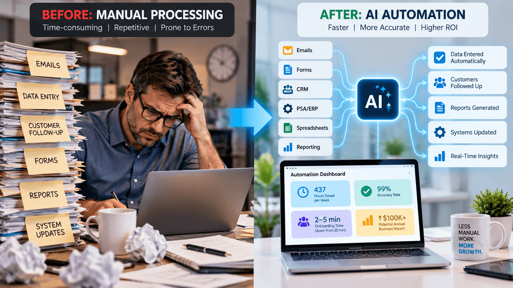 Business operations workflow showing repetitive manual tasks replaced by AI automation for faster ROI.